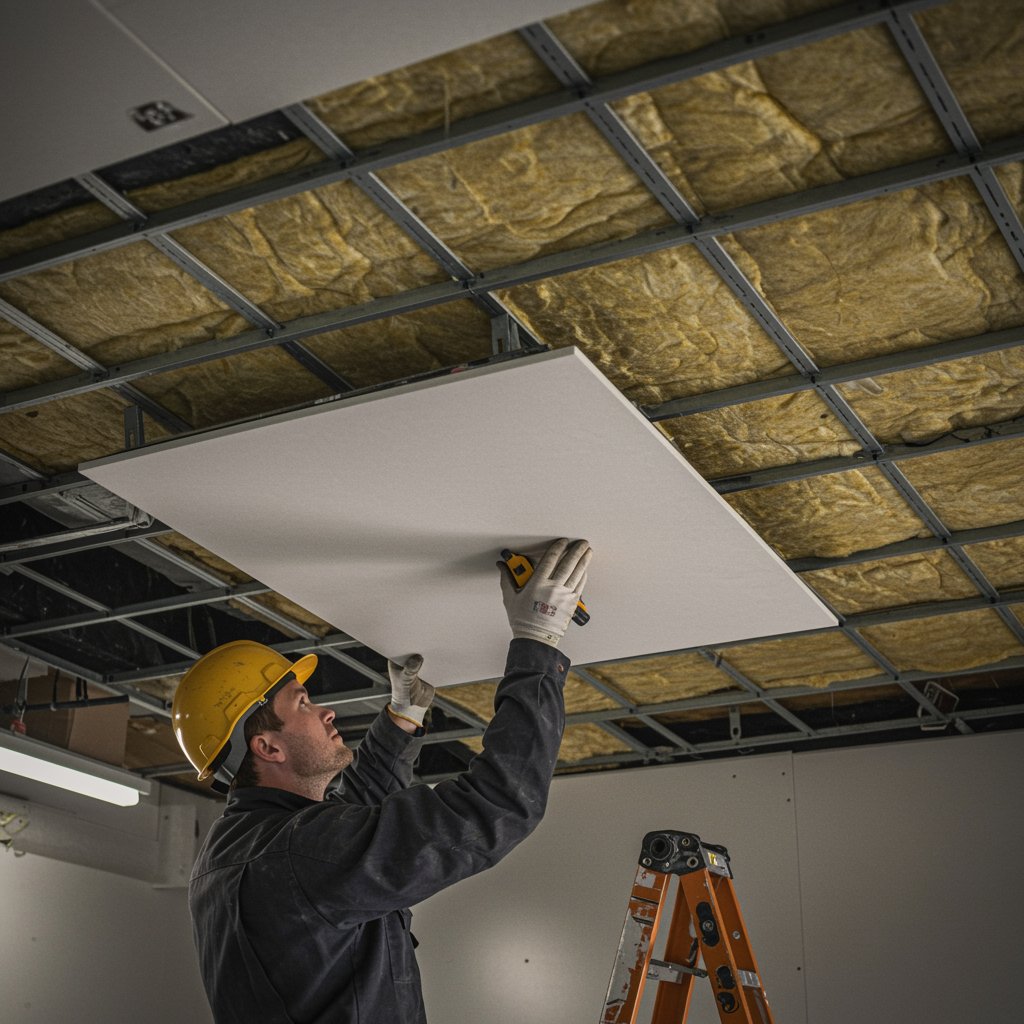 imagen1 "Instalación de techo suspendido en un espacio comercial, con un técnico alineando los paneles acústicos en una rejilla metálica blanca, destacando la calidad y habilidad técnica."