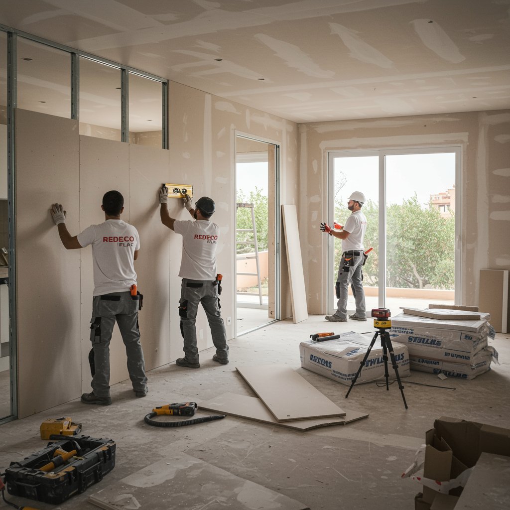 imagen5 4 "Equipo de profesionales de la construcción instalando paneles de yeso en una moderna residencia en Sevilla, destacando la calidad y precisión en el trabajo de REDECO PLAC."