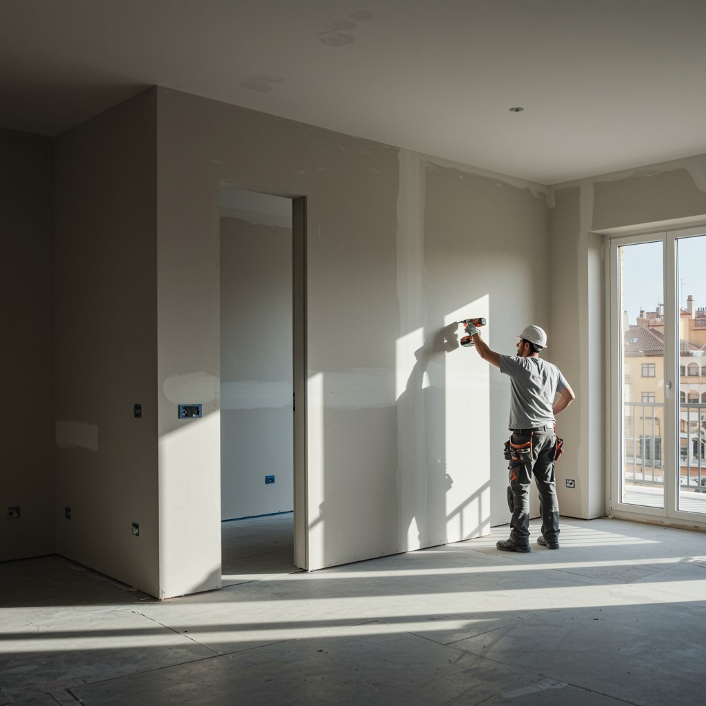 imagen5 "Interior fotorealista de una amplia sala de estar en Sevilla, con particiones de yeso, un técnico en equipo de seguridad usando un destornillador inalámbrico y luz mediterránea iluminando la decoración minimalista."